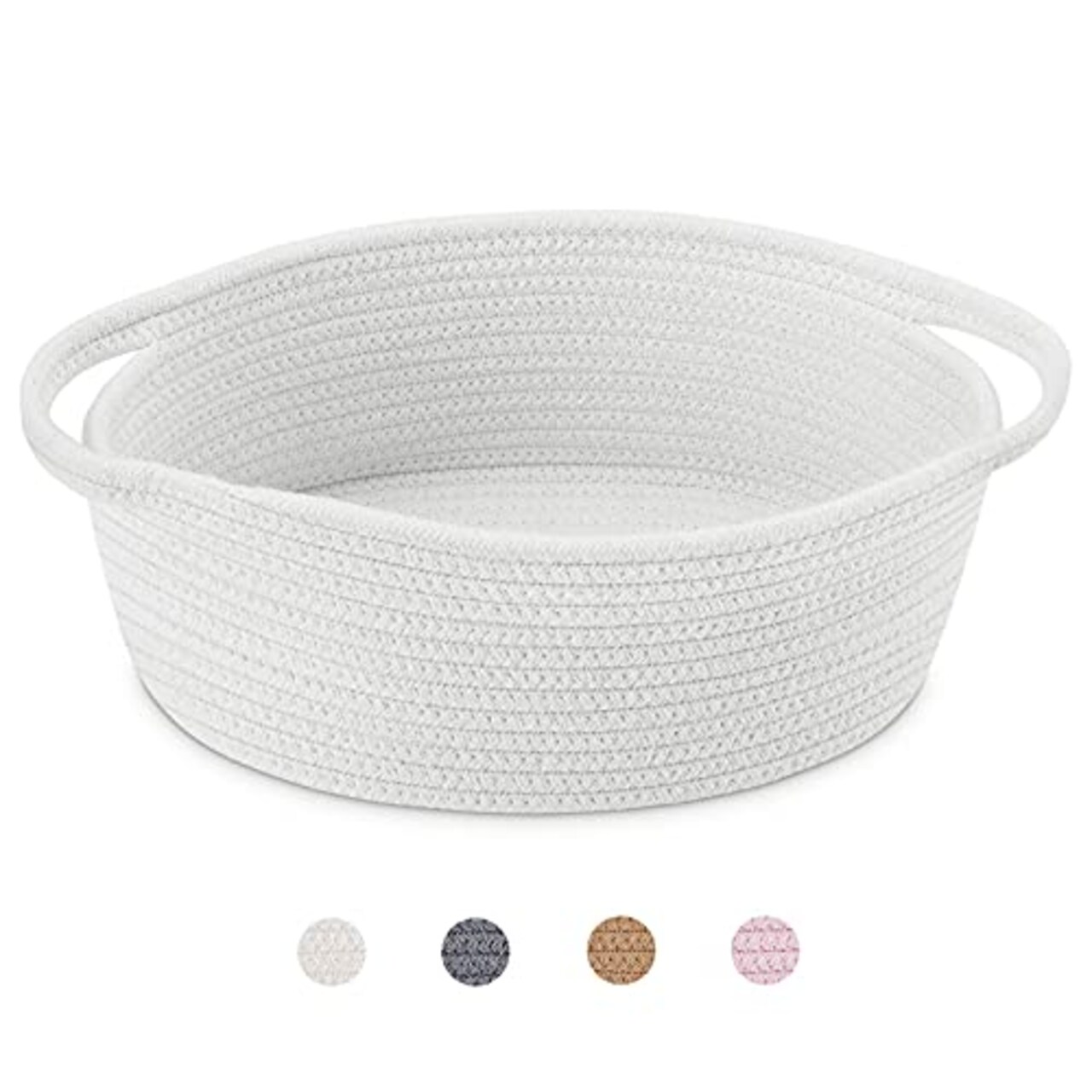 ABenkle Cute Small Woven Basket with Handles, 12"x 8" x 5" Rope Room Shelf Storage Basket Chest Box for Cat and Dog Toys, Empty Decorative Gift - White